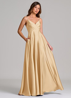 Azazie Amani Bridesmaid Dresses Gold A-Line Pleated Stretch Satin Dress image4