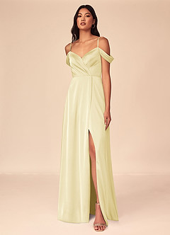 Azazie Ocean Abiti da Damigella Abito A-Line in Raso Elasticizzato con Scollo a V a Pieghe Sorbetto Al Limone image1
