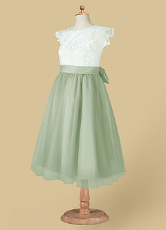 Azazie Vetty Flower Girl Dresses Ivory Dusty Sage A-Line Lace Tulle Dress image14