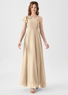 Azazie Arabella Junior Vestido de Champán de Gasa de Corte en A con Volante image5