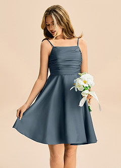 Azazie Miko Junior Linia A Pofałdowany Satyna elastyczna Mini Młodsza druhna Sukienka image4