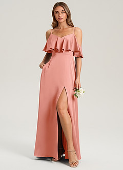 Azazie Jean Bridesmaid Dresses Coral A-Line Off the Shoulder Stretch Satin Dress image3