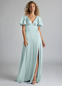 Azazie Kimber Bridesmaid Dresses Sea Glass A-Line Ruched Stretch Satin Dress image3