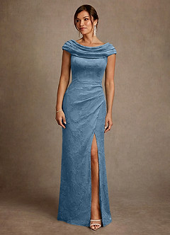 Azazie Irvine Mother of the Bride Dresses Steel Blue A-Line Pleated Floral Burnout Dress image3