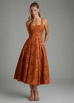 Azazie Isabella Bridesmaid Dresses Burnt Orange A-Line Corset Floral Burnout Dress image1