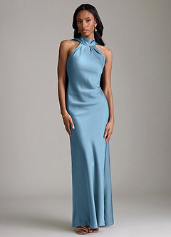 Azazie Cassiana Abiti da Damigella Abito Sirena in Raso Elasticizzato Plissettato Blu Acciaio image1