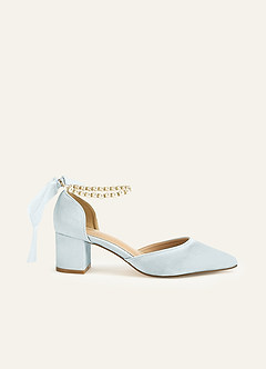 front Satin Pearl and Bow Pointed Toe Block Heels