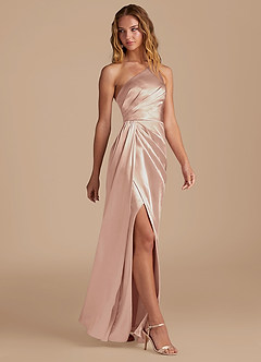 Azazie Mika Bridesmaid Dresses English Rose Sheath One Shoulder Metallic Satin Dress image4