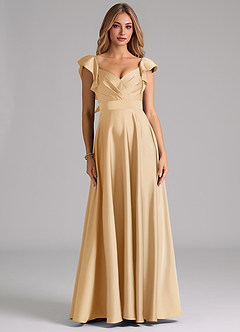 Azazie Leilani Bridesmaid Dresses Gold A-Line Ruched Stretch Satin Dress image3