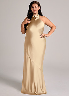 Azazie Velli Abiti da Damigella Abito Sirena in Raso Elasticizzato Collo Alto Champagne image10