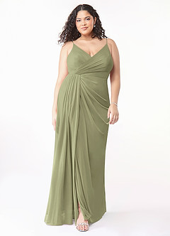 Azazie Evalin Final Sale Agave A-Line V-Neck Pleated Mesh Dress image7