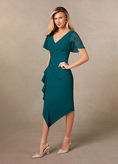 Azazie Eloise Mother of the Bride Dresses Peacock Sheath Pleated Stretch Crepe Dress image3