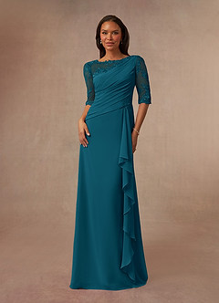 Azazie Dionysus Mother of the Bride Dresses Ink Blue A-Line Boatneck Lace Chiffon Dress image1