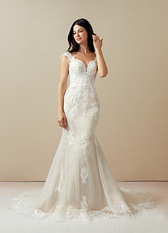Azazie Roux Vestidos de novia Vestido de Blanco Diamante Champán de Satén de Corte Sirena con Lentejuela image1