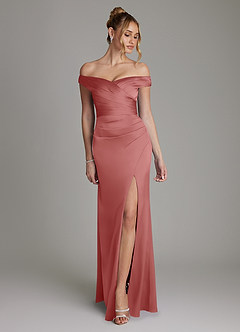 Azazie Teyana Bridesmaid Dresses Antique Rose Sheath Off the Shoulder Stretch Satin Dress image1