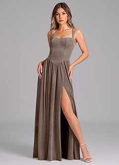 Azazie Francis Bridesmaid Dresses Silver Taupe A-Line Corset Velvet Dress image1
