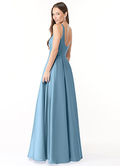 Azazie Neve Jurken voor bruidsmeisjes Jurk van Stretch Satijn met Baljurk met Zakken Staal Blauw image4
