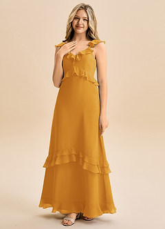 Azazie Tavie Junior Vestido de Caramelo de Gasa de Corte en A con Volante image3