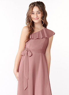 Azazie Eletta Junior Vestido de Rosa Polvorienta de Gasa de Corte en A con Volante image5