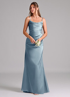 Azazie Lucille Vestidos de damas de honor Vestido de Azul Polvoriento de Satén Elástico de Corte Sirena Convertible con Sin tirantes image7
