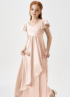 Azazie Omari Junior Blushing Pink A-Line Pleated Stretch Satin Dress image6