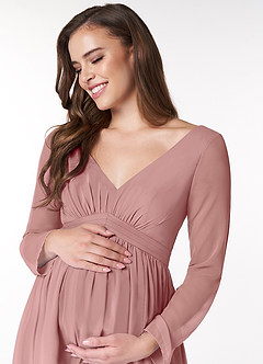 Azazie Teton Maternity Bridesmaid Dresses A-Line Long Sleeve Chiffon Floor-Length Dress image5