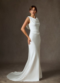 Azazie Kieryn Wedding Dresses Diamond White Fit and Flare Stretch Satin Dress image3