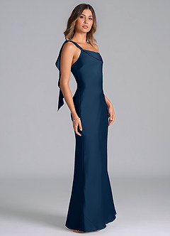 Azazie Driea Bridesmaid Dresses Dark Navy Mermaid One Shoulder Stretch Satin Dress image4
