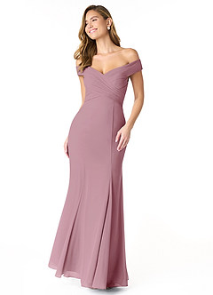 Azazie Lecia Bridesmaid Dresses Vintage Mauve Empire Off-The-Shoulder Pleated Chiffon Convertible Dress image1