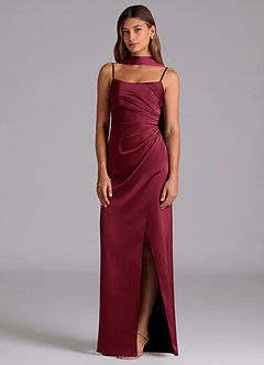 Azazie Calandra Bridesmaid Dresses Burgundy Sheath Pleated Stretch Satin Dress image3