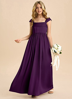 Azazie Hattie Junior Abito A-Line in Raso Elasticizzato Plissettato Uva image4