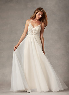 Azazie Tatiana Vestidos de novia Vestido de Blanco Diamante Champán de Tul de Corte en A con Lentejuelas cuello pico image3