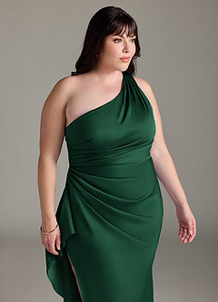 Azazie Latrice Vestidos de damas de honor Vestido de Verde Oscuro de Satén Elástico de Corte Recto con Volantes en cascada Un hombro image11