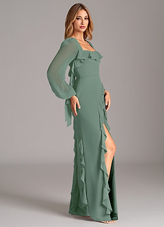 Azazie Candice Bridesmaid Dresses Eucalyptus A-Line Long Sleeve Chiffon Dress image6
