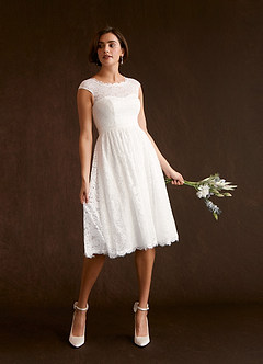 Azazie Ginnie At-home Try On Dresses Diamond White A-Line Lace Dress image4