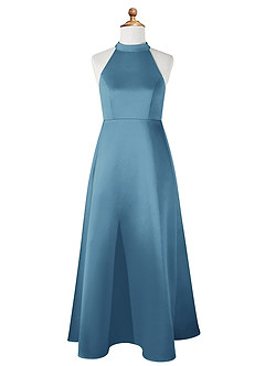 Azazie Laurel Junior Steel Blue A-Line Matte Satin Dress image6