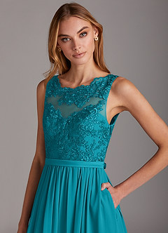 Azazie Elly Vestidos de damas de honor Vestido de Jade de Gasa de Corte en A con Escote redondo de encaje image6