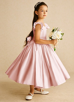Azazie Violeta Flower Girl Dresses Blushing Pink Ball-Gown Bow Matte Satin Dress image4