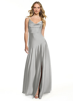 Azazie Kayla Bridesmaid Dresses Silver Sheath Side Slit Stretch Satin Dress image1