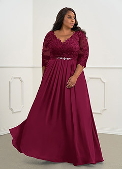 Azazie Hayek At-home Try On Dresses Agave A-Line V-Neck Lace Chiffon Dress image9