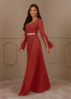 Azazie Belinda Mère de la mariée Robes Robe Trapèze en Mousseline de soie Col V plissé Terracotta image2