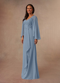 Azazie Perry vestidos de madre de la novia Vestido de Azul Polvoriento de Gasa de Corte Sirena con Encaje cuello pico image2