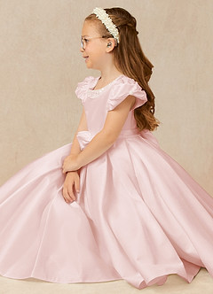 Azazie Jewel Flower Girl Dresses Blushing Pink Ball-Gown Pleated Matte Satin Dress image3