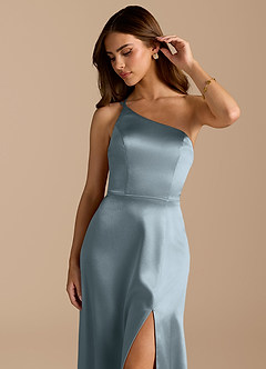 Azazie Trina Vestidos de damas de honor Vestido de Azul Polvoriento de Satén Metálico de Corte en A con Hombro unilateral image7