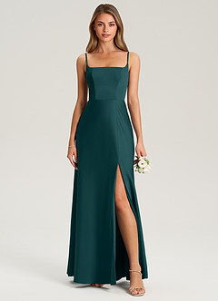 Azazie Lidia Bridesmaid Dresses Pine Mermaid Side Slit Stretch Satin Dress image4