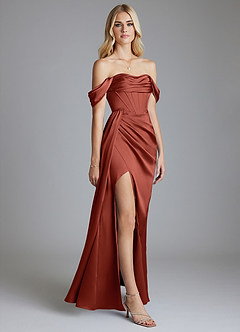 Azazie Amyra Bridesmaid Dresses Terracotta Mermaid Off the Shoulder Stretch Satin Convertible Dress image5