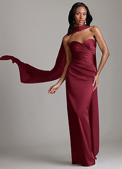 Azazie Jasmyn Bridesmaid Dresses Burgundy Sheath Strapless Stretch Satin Dress image1