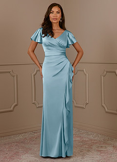 Azazie Roya Mother of the Bride Dresses Moody Blue Mermaid V-Neck Pleated Stretch Satin Dress image2