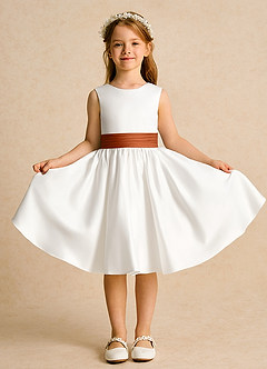 Azazie Sosie Blumenmädchenkleider A-Linie Plissee Matte Satin Kleid Elfenbein Gebranntes Orange image2