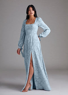 Azazie Leonia Bridesmaid Dresses Sky Blue A-Line Long Sleeve Floral Burnout Dress image2